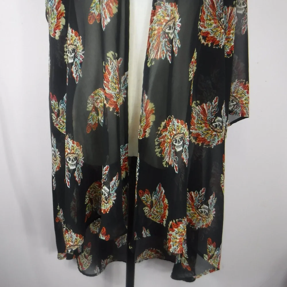 Giddy‎ Up Glamour Skull Headdress Kimono Cardigan Black High Low Sheer XL 1410